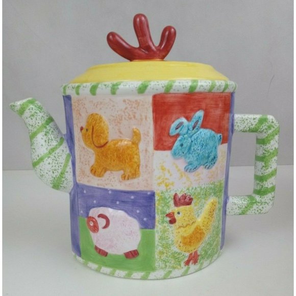 Vintage 2000 Lotus 3D Farm Animals Teapot Sheep, Bunny, Puppy, & Rooster - Picture 1 of 7